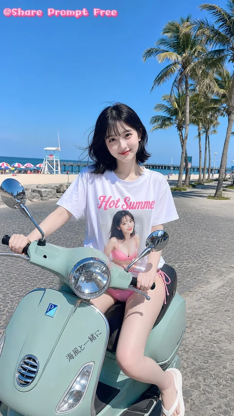 A woman in a white graphic T-shirt sits on a mint-green scooter beside a palm-lined beach.