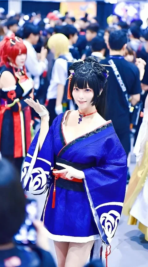 A dark-haired person in a purple and white costume stands among a colorful crowd at a convention.