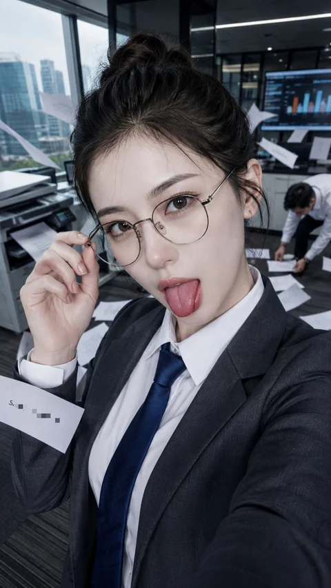 A woman in a dark suit and tie adjusts her glasses and sticks out her tongue in an office selfie.