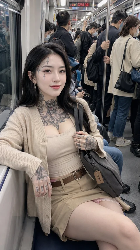 A tattooed woman wearing beige layers sits on a crowded train with standing passengers behind her.