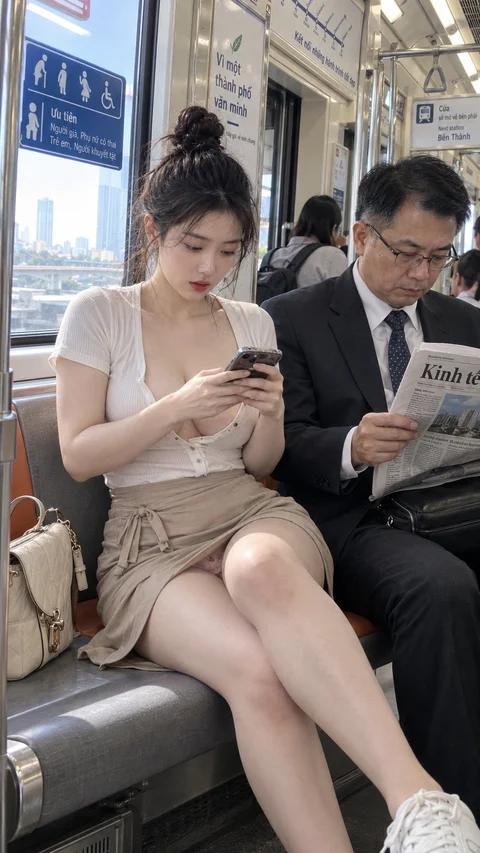 A woman in a pale sleeveless top and beige skirt looks at a phone beside a man reading a newspaper.