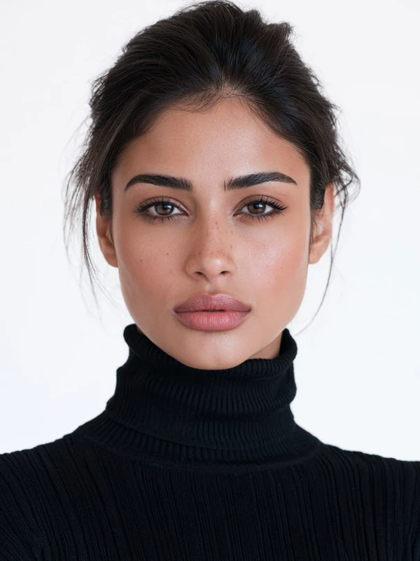Close portrait of a woman in a black ribbed turtleneck against a light backdrop