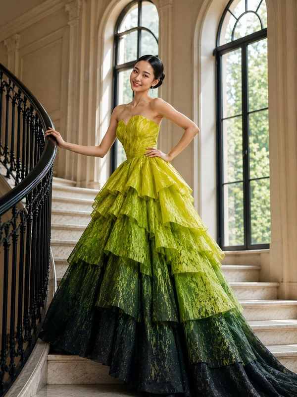 Woman in a layered green gown on an ornate interior staircase