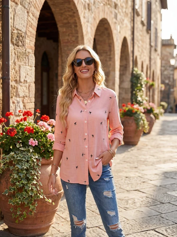 Smiling woman in a pink shirt and jeans on a stone street beside flowers