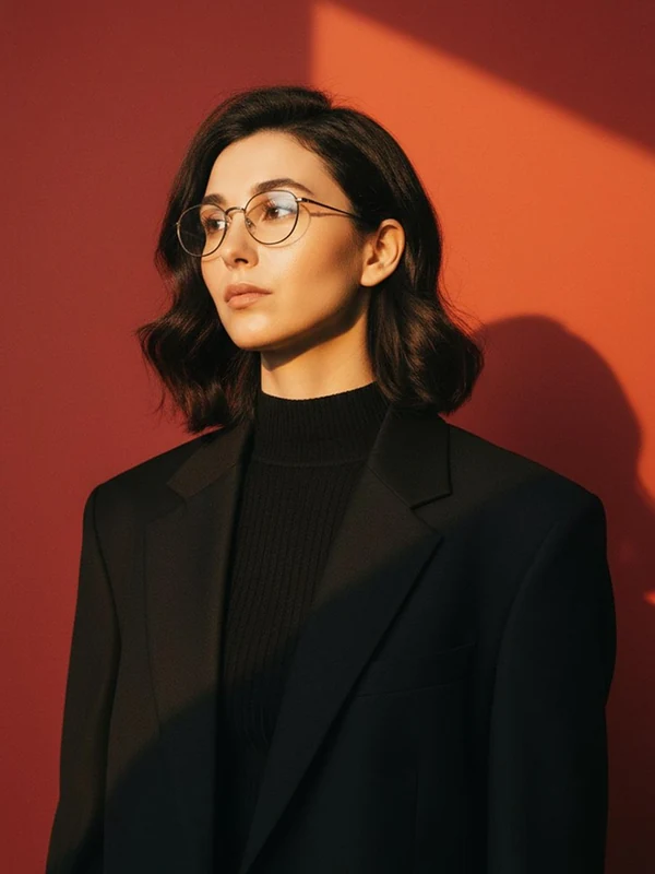 Woman wearing glasses and a black blazer against a warm red wall
